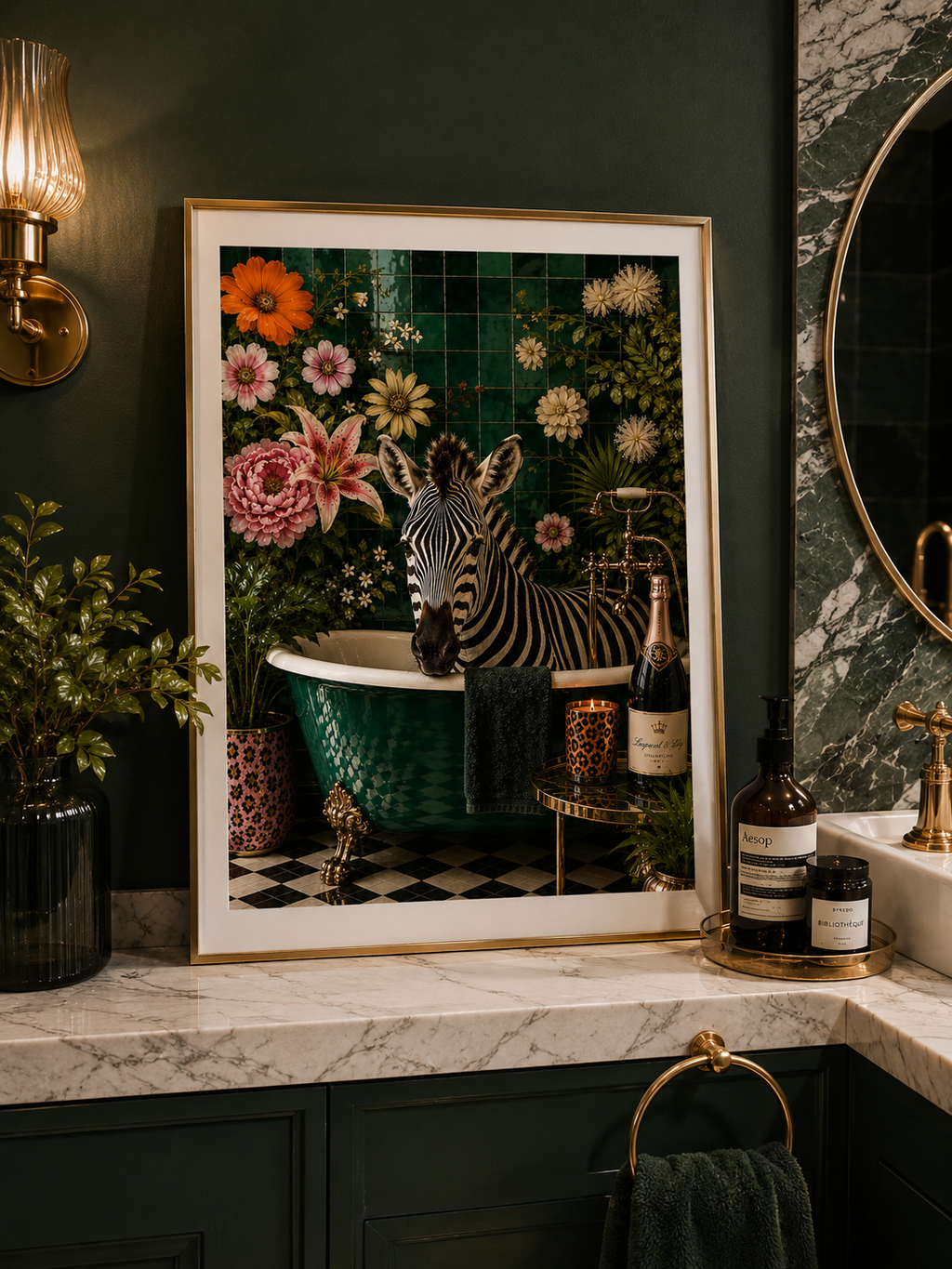Emerald Luxe Zebra Bathroom Print