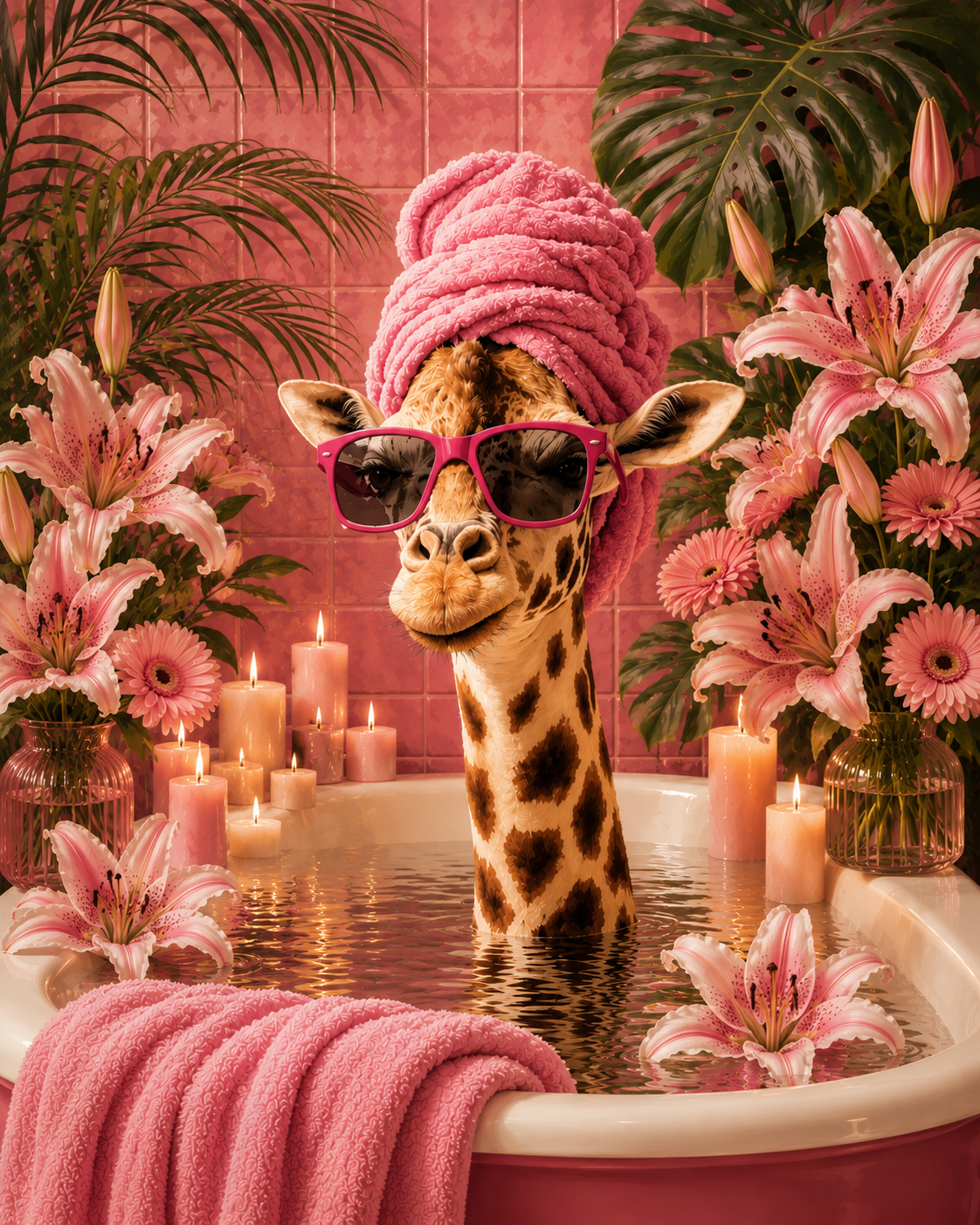 Pink Lily Giraffe Spa Print