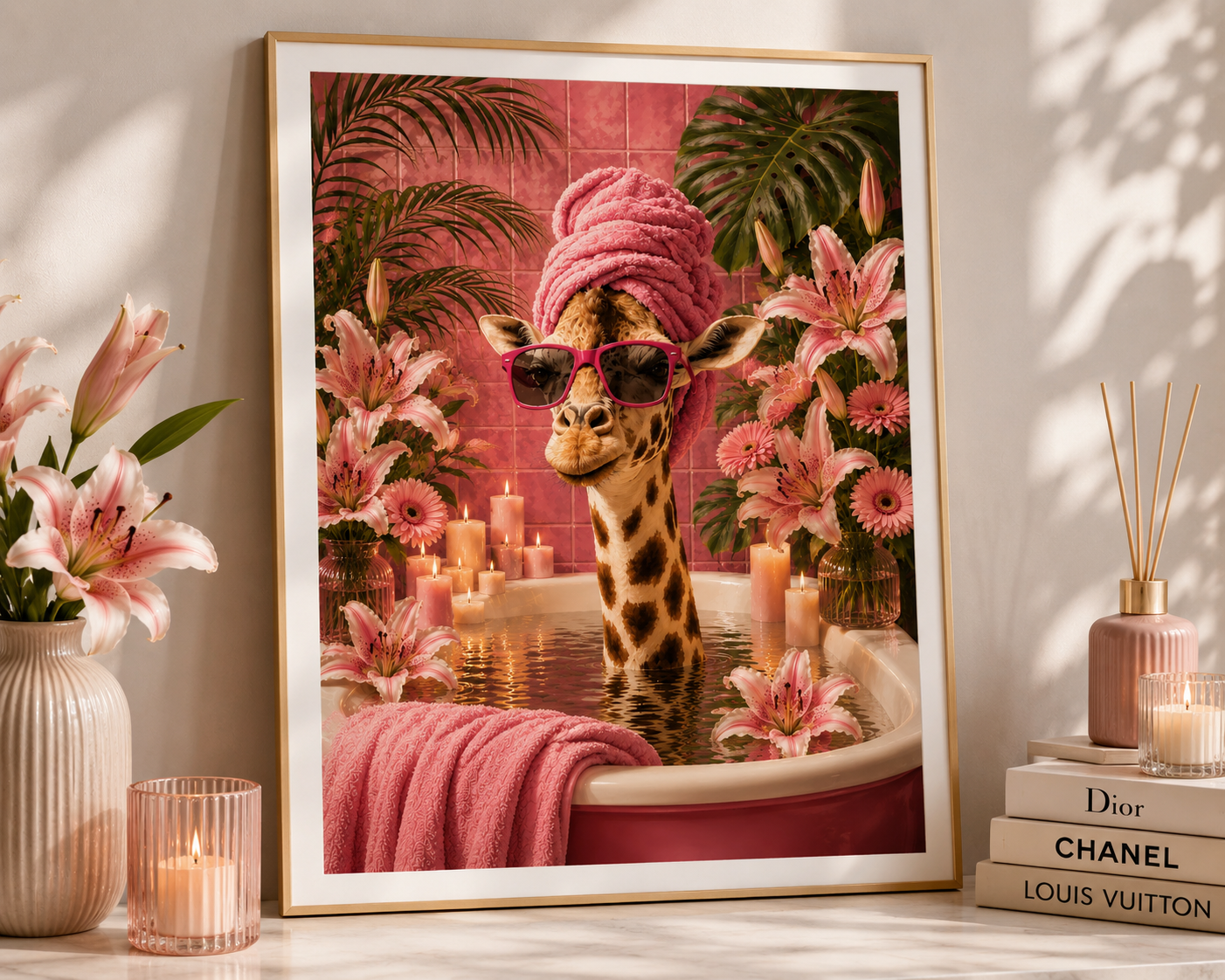 Pink Lily Giraffe Spa Print